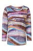 Langärmeliges Damenoberteil mit rundem Ausschnitt, abstraktes Muster in Violett, Braun, Blau und Orange, gerade geschnitten, ohne weitere sichtbare Details