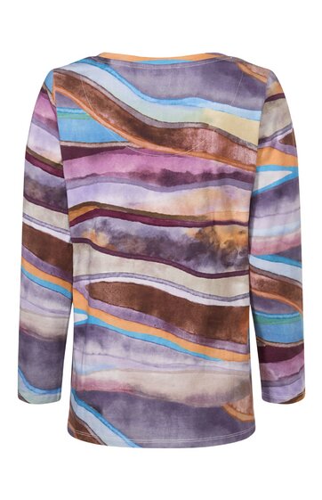 Langärmliges Damenoberteil in Blautönen, Violett und Braun, abstraktes wellenförmiges Muster, Rundhalsausschnitt, locker fallende Form