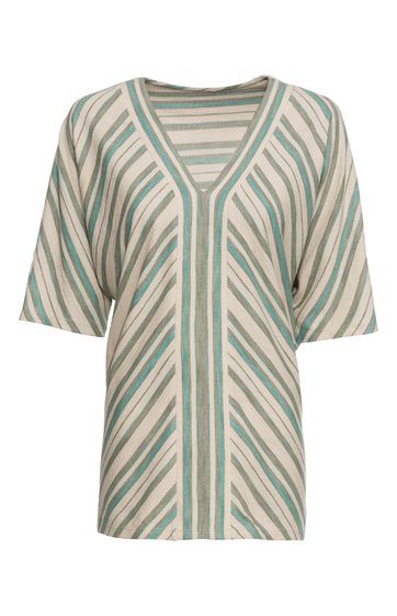 Tunika mit V-Ausschnitt, halblangen Ärmeln, diagonales Streifendesign in Beige und Mintgrün, entspannte Passform, ohne sichtbare funktionale Details