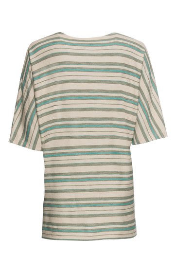 Kurzärmliges Shirt mit weitem Schnitt, cremeweiß mit hellgrünen und grauen horizontalen Streifen, Rundhalsausschnitt, gerade geschnitten