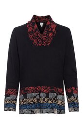 Schwarzer Pullover mit mehrfarbigem floralem Muster am Saum und an den Ärmeln, Rollkragen mit rotem floralem Muster, lange Ärmel, gerade geschnitten