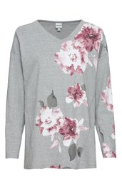 Hellgraues langärmliges Damenoberteil mit V-Ausschnitt, großflächigem rosa-weißen Blumenmuster, gerade geschnitten