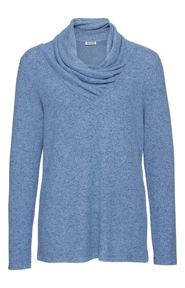 Langarmpullover in hellblau, unifarben, locker fallender Schalkragen, gerader Schnitt