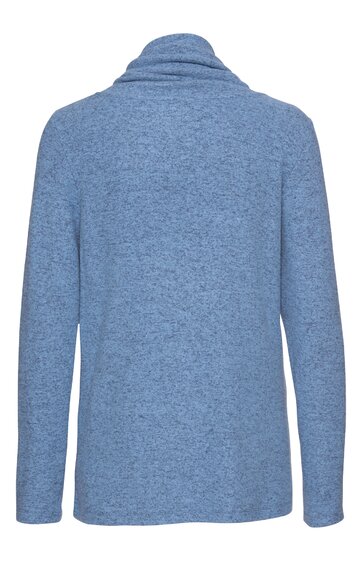 Hellblauer Pullover ohne Muster, langer Ärmel, Stehkragen, hinten gezeigt, gerade geschnitten