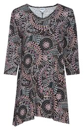 Schwarzes Longshirt mit rosa und hellblauem Kreis- und Punkte-Muster, Rundhals Ausschnitt, 3/4-lange Ärmel, lockere Passform, asymmetrischer Saum