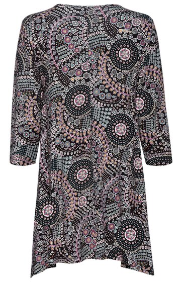 Langärmliges Kleid in Schwarz mit rosa und weißen kreisförmigen Mustern, rundem Halsausschnitt, knielang, weiter Schnitt