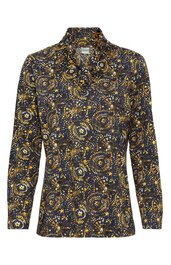 Langärmlige Bluse in Dunkelblau mit gelben und weißen Kreis- und Punktmustern, klassischer Hemdkragen, durchgehend mit Knöpfen, gerade geschnitten