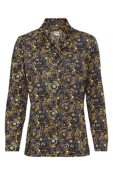Langärmlige Bluse in Dunkelblau mit gelben und weißen Kreis- und Punktmustern, klassischer Hemdkragen, durchgehend mit Knöpfen, gerade geschnitten