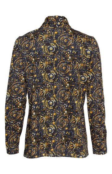 Langärmlige Bluse in Dunkelblau mit gelben, weißen und hellblauen Sternen- und Spiralmuster, stehender Kragen, gerade geschnitten