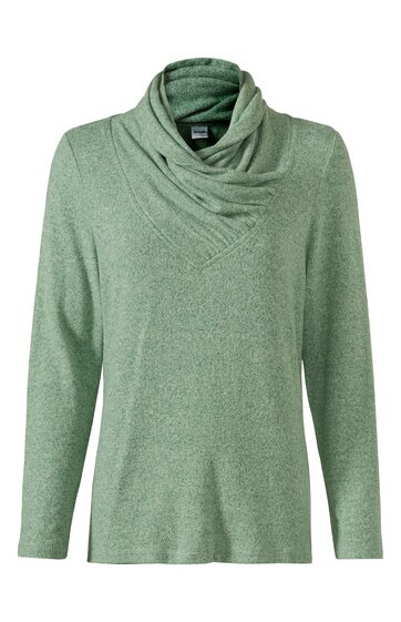 Langärmliges Oberteil in gedecktem grünton, unifarben, mit weitem, asymmetrischem Kragen, gerade geschnitten