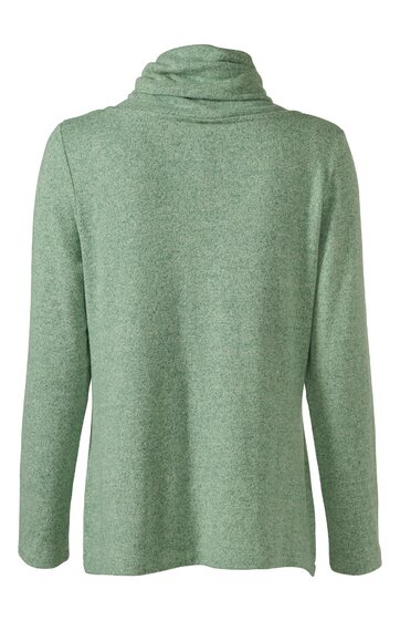 Damenpullover in hellem Salbeigrün, unifarben, langer Arm, hoher Rollkragen, gerade Form, ohne sichtbare Verzierungen, Rückansicht