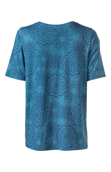 Kurzärmliges T-Shirt in Petrol mit floralen Mandala-Mustern in dunklerem Blau, Rundhalsausschnitt, gerade geschnitten