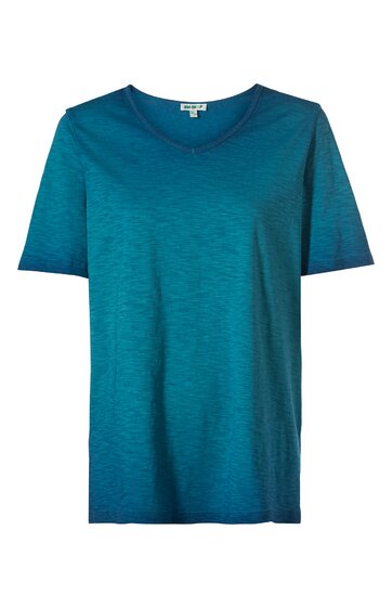 T-Shirt in Petrolblau mit kurzärmeligem, rundem Halsausschnitt, gerade geschnitten, unifarben, ohne Muster oder sichtbare Verzierungen