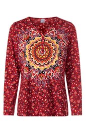 Langärmliges Shirt in dunklem Rot mit buntem Mandala-Muster in Gelb, Orange und Weiß, Rundhalsausschnitt, leicht taillierte Form
