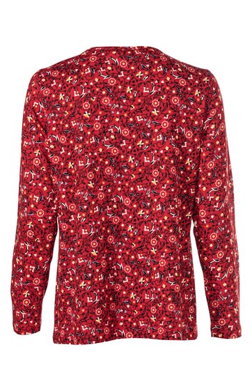 Langärmliges Damenoberteil, dunkelrot mit kleinem weißen Blumenmuster, Rundhalsausschnitt, gerade geschnitten, Rückansicht