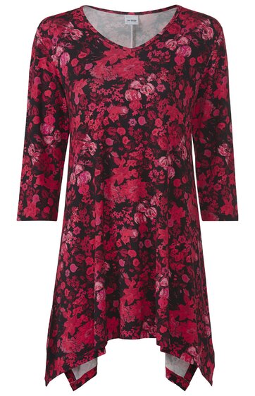 Damen-Tunika in Dunkelrot mit schwarzem Blumenmuster, V-Ausschnitt, 3/4-Ärmel, asymmetrischer Saum mit spitzen Enden