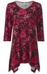 Damen-Tunika in Dunkelrot mit schwarzem Blumenmuster, V-Ausschnitt, 3/4-Ärmel, asymmetrischer Saum mit spitzen Enden