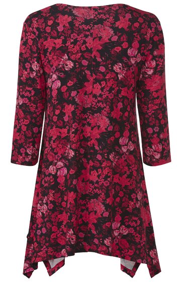 Damenkleid dunkelrot mit schwarzem Blumenmuster, Rundhalsausschnitt, 3/4-Ärmel, asymmetrischer Zipfelsaum