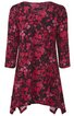 Damenkleid dunkelrot mit schwarzem Blumenmuster, Rundhalsausschnitt, 3/4-Ärmel, asymmetrischer Zipfelsaum