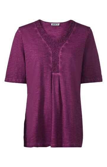 Lila Damenoberteil mit halblangen Ärmeln, V-Ausschnitt mit Spitze, mittellang, lockere Passform, gerade geschnitten