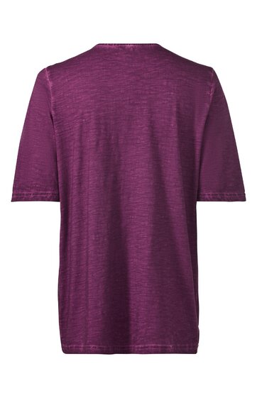 Unifarbenes dunkelviolettes T-Shirt, kurze Ärmel, Rundhalsausschnitt, gerade geschnitten, Rückansicht ohne Muster oder Verzierungen