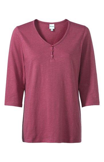 Damenpullover in dunkelrosa, einfarbig, mit V-Ausschnitt, drei Knöpfen, 3/4-Ärmel, gerade geschnitten