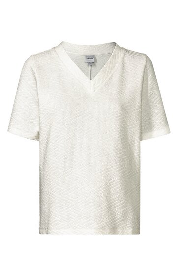 Weißes kurzärmeliges T-Shirt mit V-Ausschnitt, leicht strukturierter diagonaler Streifenmuster, gerade geschnitten