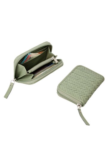 Kleinere Geldbörse hellemilchgrün, gewebtes Zickzackmuster auf Vorderseite, rechteckig, Reißverschluss mit Schlaufe, geöffnetes Modell zeigt mehrere Kartenfächer und Münzfach mit Reißverschluss innen