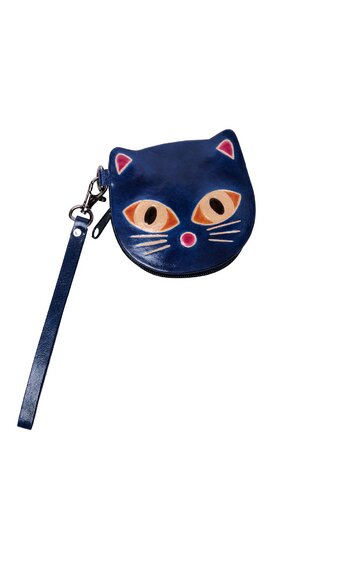 Handtasche in Katzenkopfform, dunkelblau, mit orangefarbenen und beigen Augen, rosa Nase und Ohren, abnehmbarer kurzer Henkel, glatte Oberfläche