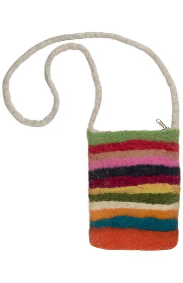 Kleine Umhängetasche mit mehrfarbigen Querstreifen in rot, rosa, schwarz, grün, orange, gelb und blau, rechteckig, Reißverschluss oben, langer weißer Tragegurt