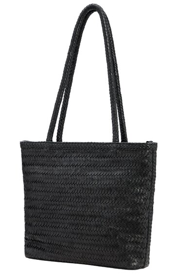 Schwarze Handtasche mit geflochtenem Muster, rechteckige Form, zwei langen Tragegriffen, kompakte Größe