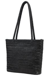 Schwarze Handtasche mit geflochtenem Muster, rechteckige Form, zwei langen Tragegriffen, kompakte Größe