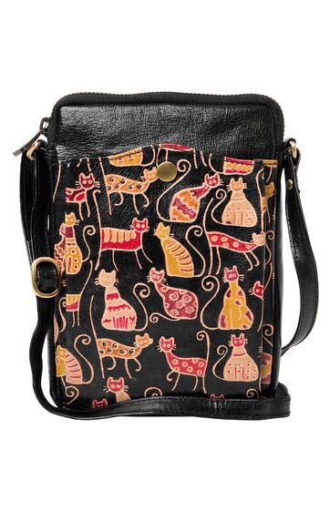 Schwarze Umhängetasche mit buntem Katzenmuster in Rot, Orange, Gelb, mit länglichem rechteckigem Format, Reißverschluss oben, Fronttasche mit Knopfverschluss, schmaler verstellbarer Schulterriemen
