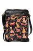 Schwarze Umhängetasche mit buntem Katzenmuster in Rot, Orange, Gelb, mit länglichem rechteckigem Format, Reißverschluss oben, Fronttasche mit Knopfverschluss, schmaler verstellbarer Schulterriemen