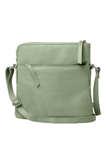 Hellgrüne Umhängetasche ohne Muster, rechteckige Form, Reißverschlussfach vorne, verstellbarer Schulterriemen