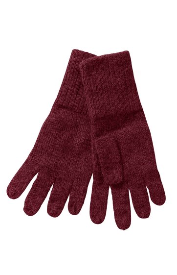 Paar dunkelrote Strickhandschuhe, einfarbig, mit langen Bündchen, fünf Finger, flach liegend nebeneinander