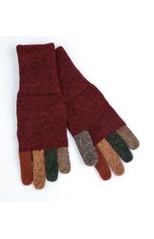 Strickhandschuhe bordeauxrot mit mehrfarbigen, individuellen Fingern in braun, grün, beige, orange, gerippter Bund, flache Form