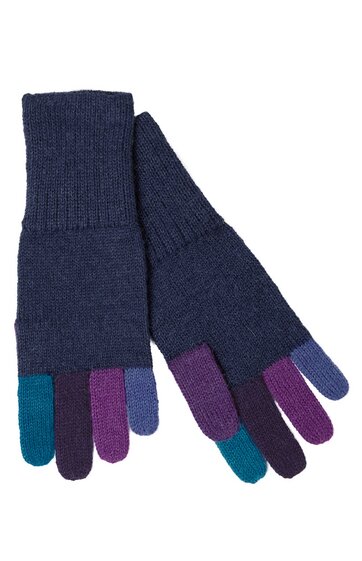 Fingerhandschuhe in dunklem Blau mit mehrfarbigen Fingerspitzen in Türkis, Lila und Violett, geripptes Bündchen, schlichte Form