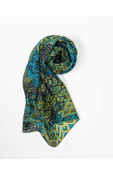 Schal, türkis und gelb mit Paisley- und Blumenmuster, rechteckig, locker aufgerollt liegend