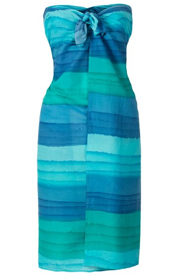 Ärmelloses Midikleid in Tönen von Türkis und Blau, gestreiftes Muster, gerade geschnitten, Bandeau-Oberteil mit Schleife vorne, ohne Träger