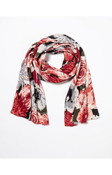 Schal mit Blumenmuster in Rot, Rosa, Grau und Schwarz, länglich, locker gelegt, große Blüten, gemusterte Fläche, fließender Stoff