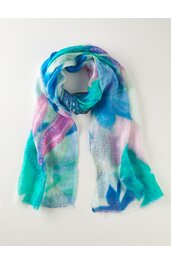 Schal mit buntem Muster in Blau, Türkis, Hellrosa und Weiß, abstraktes Farbdesign, rechteckige Form, leicht durchscheinendes Gewebe