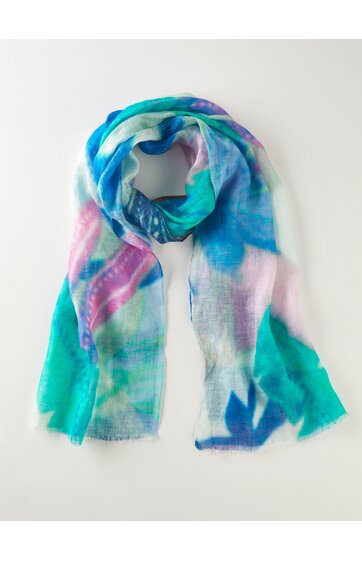 Schal mit buntem Muster in Blau, Türkis, Hellrosa und Weiß, abstraktes Farbdesign, rechteckige Form, leicht durchscheinendes Gewebe