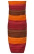 Ärmelloses, eng anliegendes Kleid mit horizontalen Streifen in Orange, Dunkelrot und Braun, knielang, ohne sichtbare Verschlüsse oder Verzierungen
