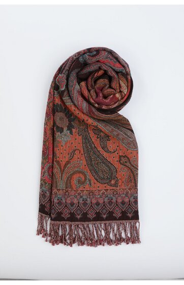 Schal in Rostrot und Dunkelbraun mit Paisley-Muster und geometrischen Elementen, rechteckig, mit langen Fransen an den Enden