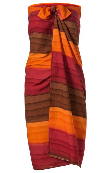 Bandeau-Kleid in Orange, Dunkelrot und Braun, horizontal gestreift, mit Frontknoten und asymmetrischem Drapé, knielang