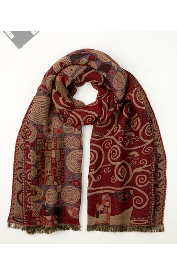 Schal in Rot- und Brauntönen mit gemusterten Quadraten, Kreisen und geschwungenen Linien, länglich, mit Fransen an den Enden, flach liegend und locker gerollt