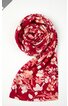 Schal in kräftigem Rot mit floralem Muster in Rosa und Hellbeige, länglich, leicht gewellt, ohne sichtbare Verschlüsse oder Fransen