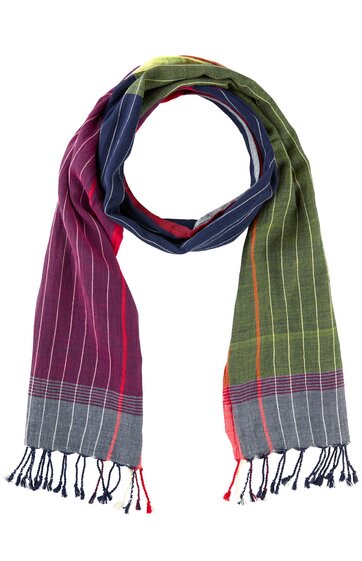 Schal mit Streifenmuster in Burgunderrot, Dunkelblau und Olivgrün, Fransen an beiden Enden, länglich, gefaltet und kreisförmig angeordnet