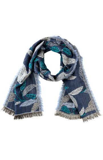 Schal in Blau mit Muster aus großen weißen und türkisfarbenen Blättern, rechteckig, Fransen an beiden Enden